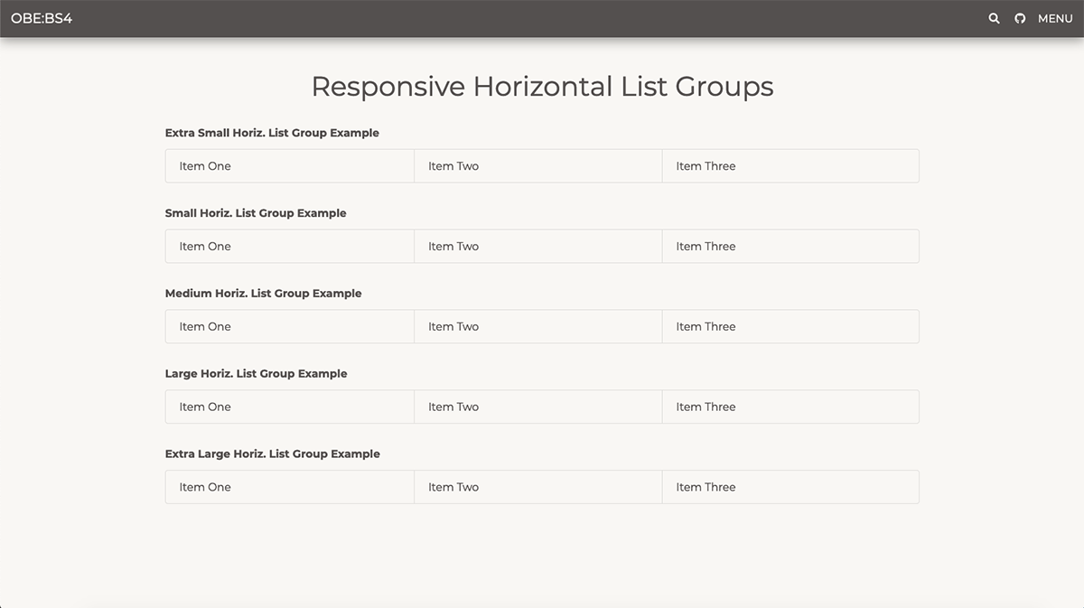 OBE:BS4 Responsive Horizontal List Group Examples Screengrab