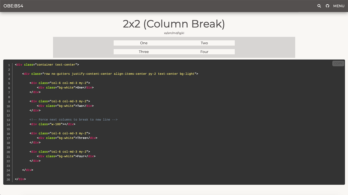 OBE:BS4 Column Break Example Screengrab