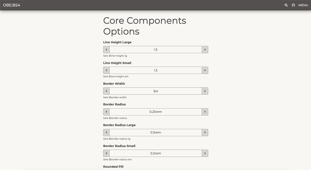 OBE:BS4 Bootstrap Core Component Options Settings Page Screengrab