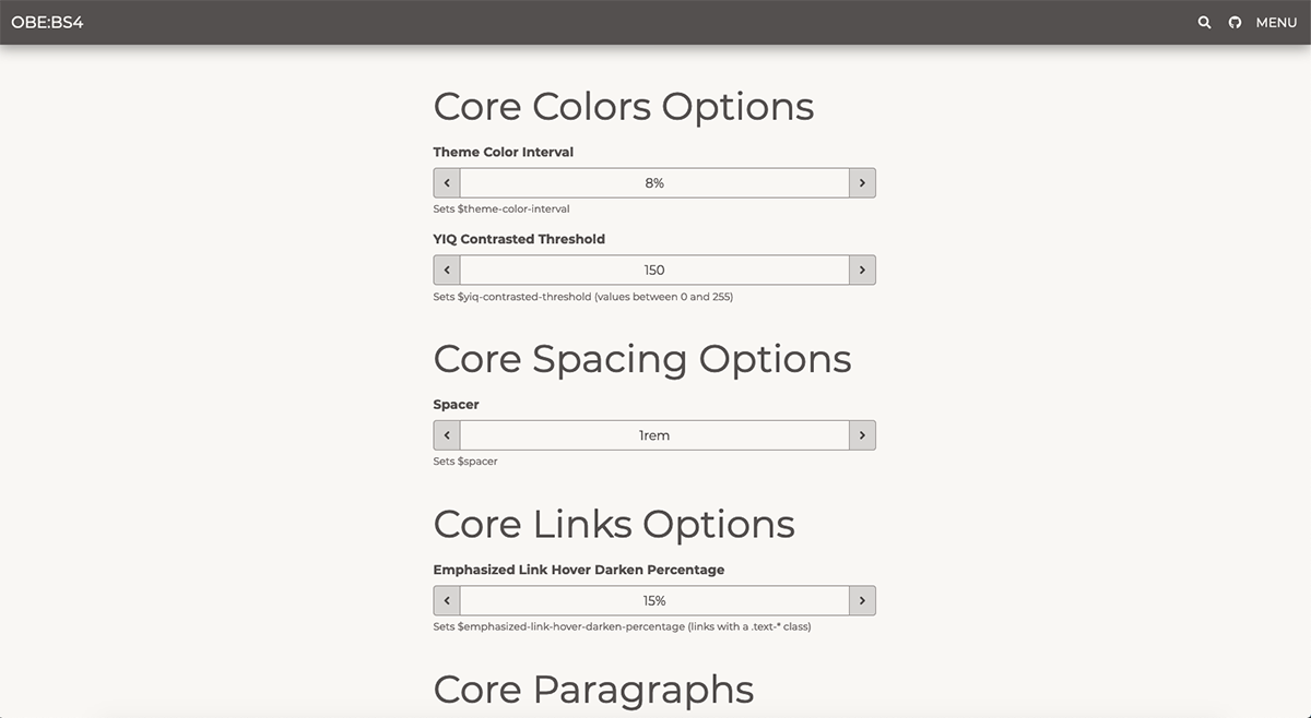 OBE:BS4 Bootstrap Core Options Settings Page Screengrab