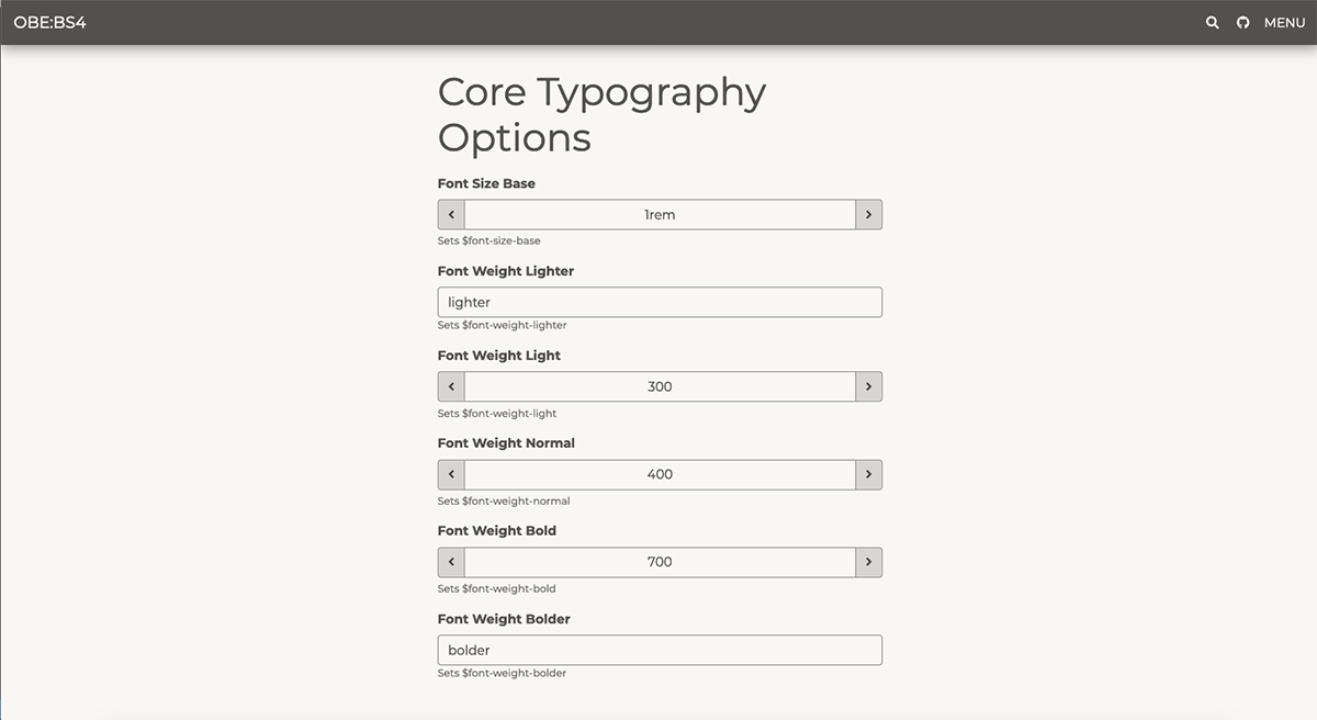 OBE:BS4 Bootstrap Core Typography Options Settings Page Screengrab