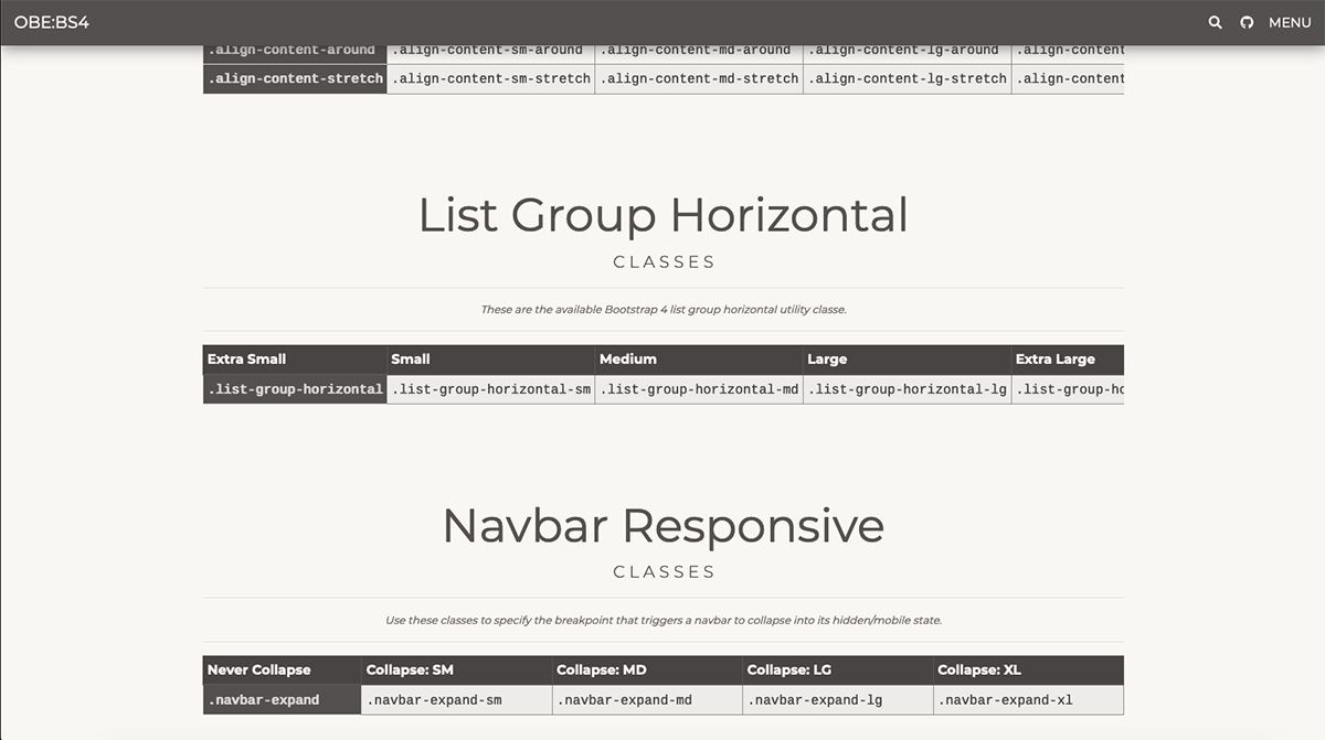 OBE:BS4 Responsive Horizontal List Group Reference Table Screengrab