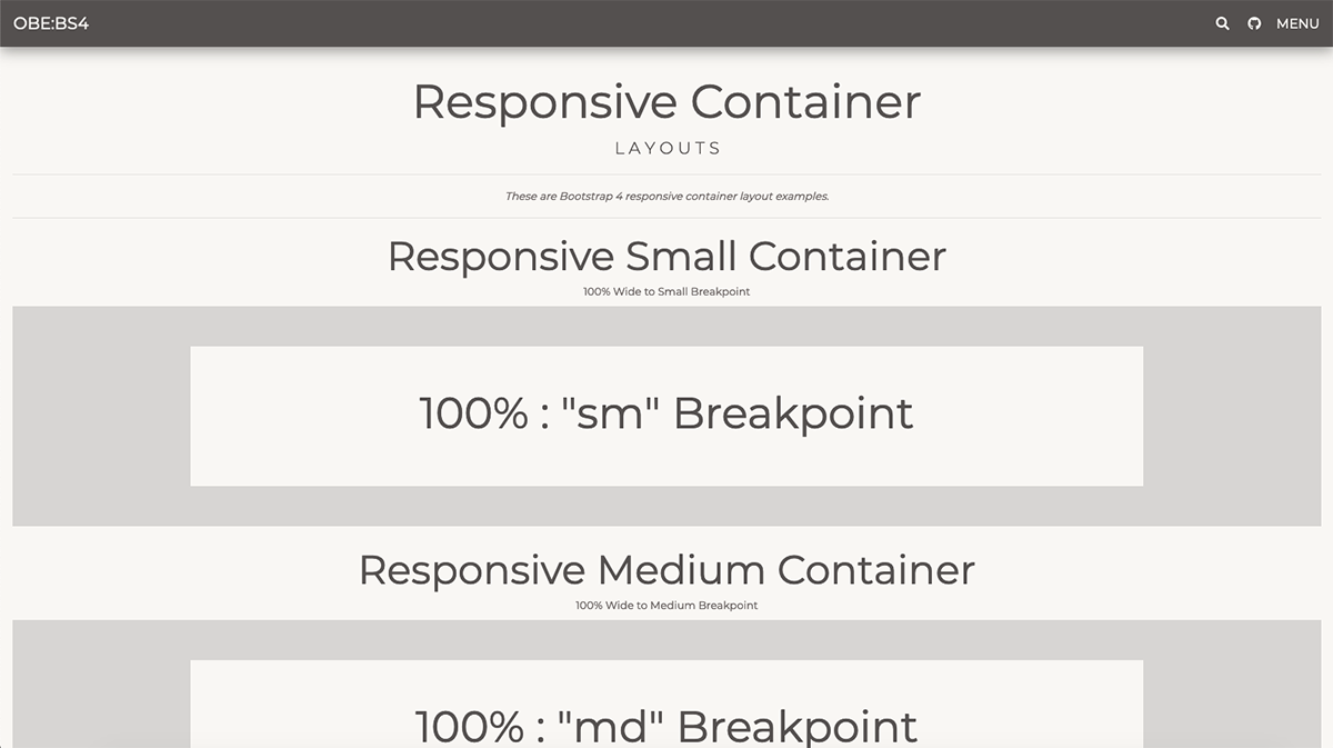 OBE:BS4 Responsive Containers Layout Examples Screengrab