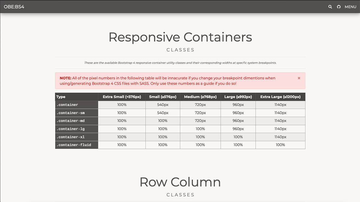 OBE:BS4 Responsive Containers Reference Table Screengrab