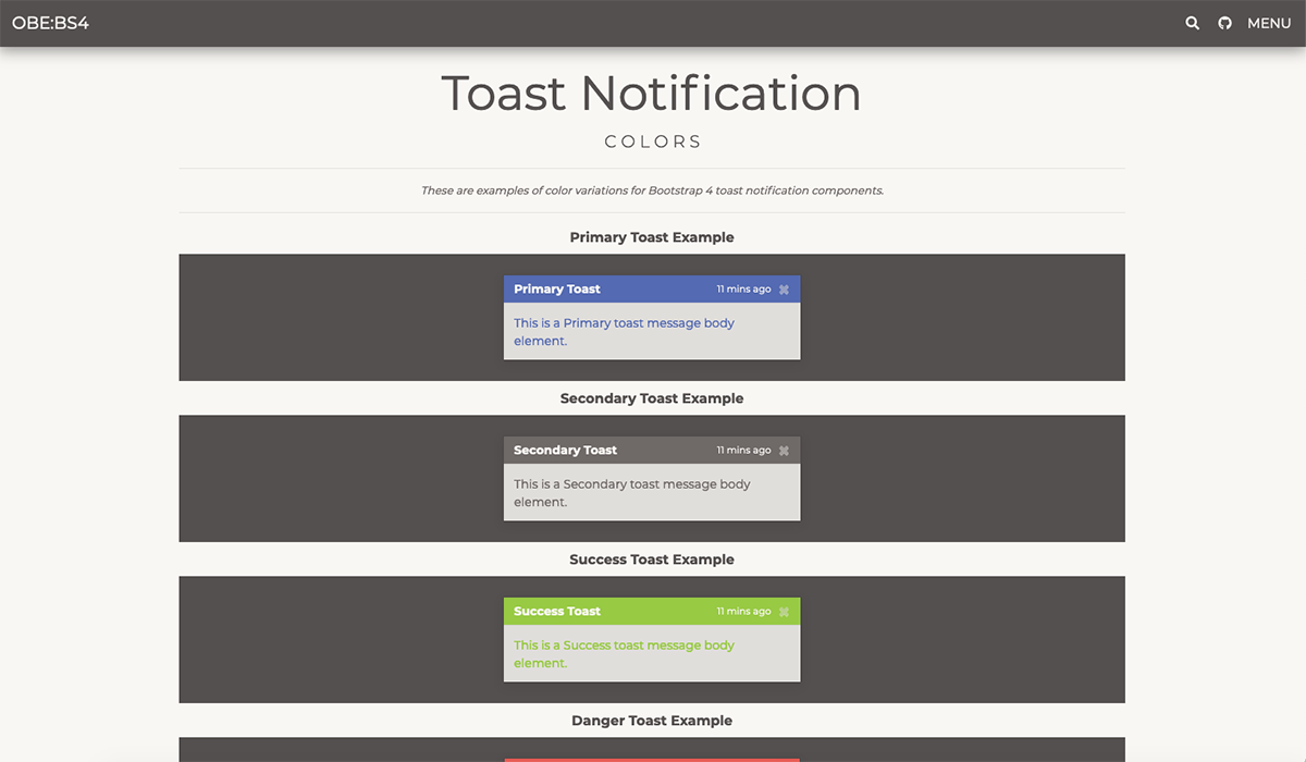 OBE:BS4 Toast Notification Color Examples Screengrab