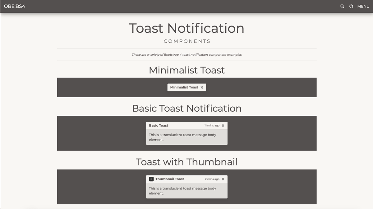 OBE:BS4 Toast Notification Examples Screengrab